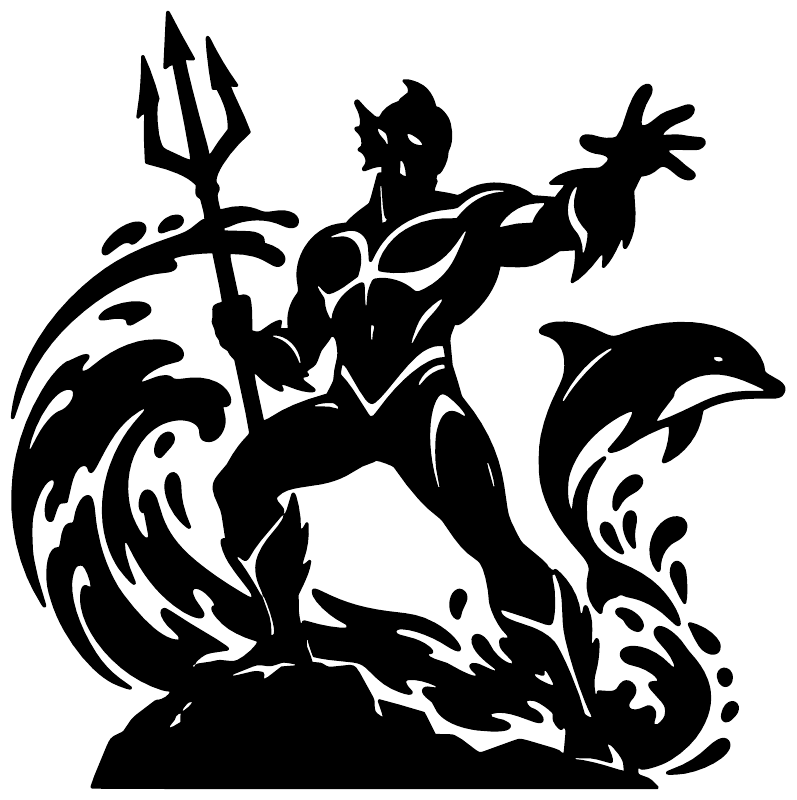 Black vinyl decal of ocean guardian hero with trident riding waves