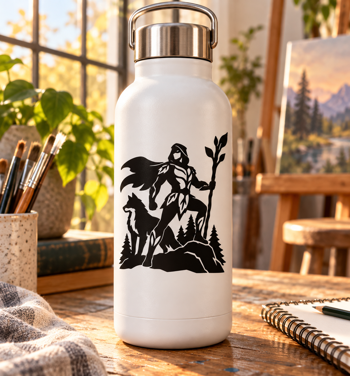 Black vinyl forest defender superhero decal on white water bottle