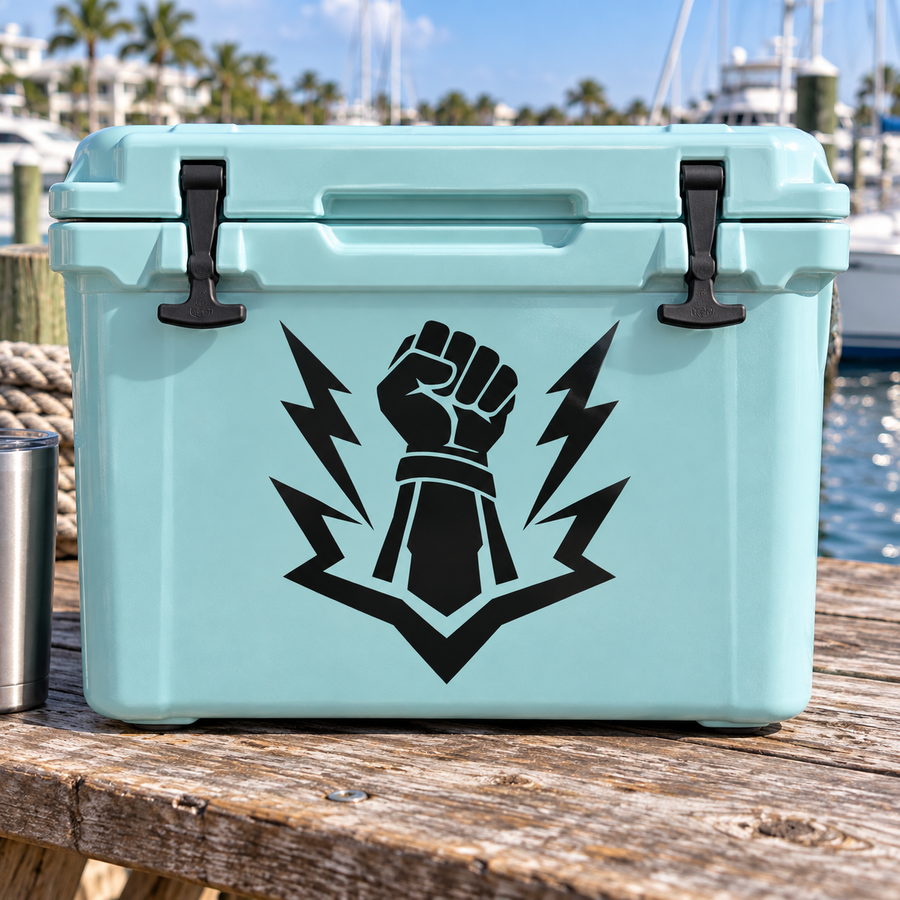 Black fist and lightning-bolt vinyl decal on a light teal cooler lid