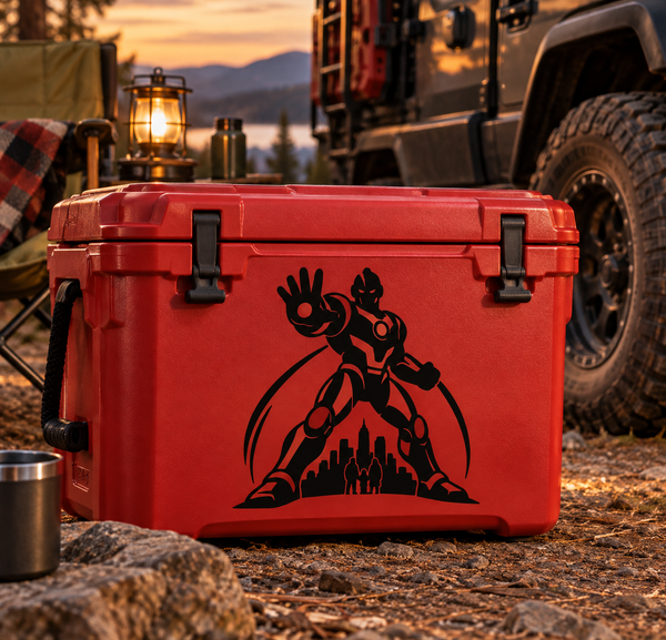 Black robot protector vinyl decal on red surface, featuring superhero figure and city skyline.