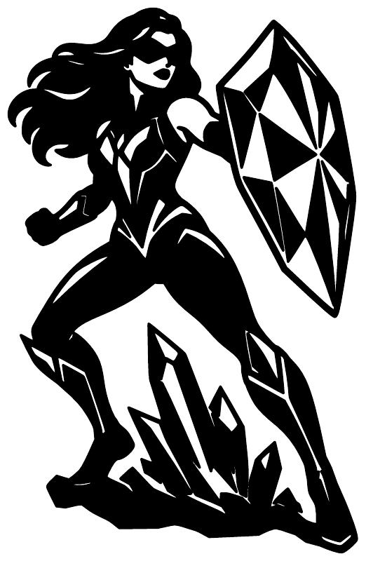Vinyl decal close-up: black heroine crouching with faceted crystal shield