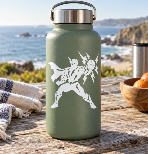 Vinyl decal sticker featuring hero with gauntlet, on matte green bottle body