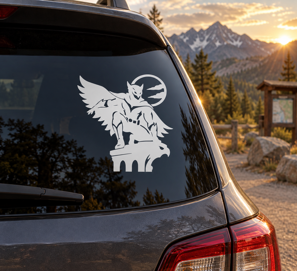 Night owl sentinel vinyl decal, white owl warrior silhouette on dark car glass