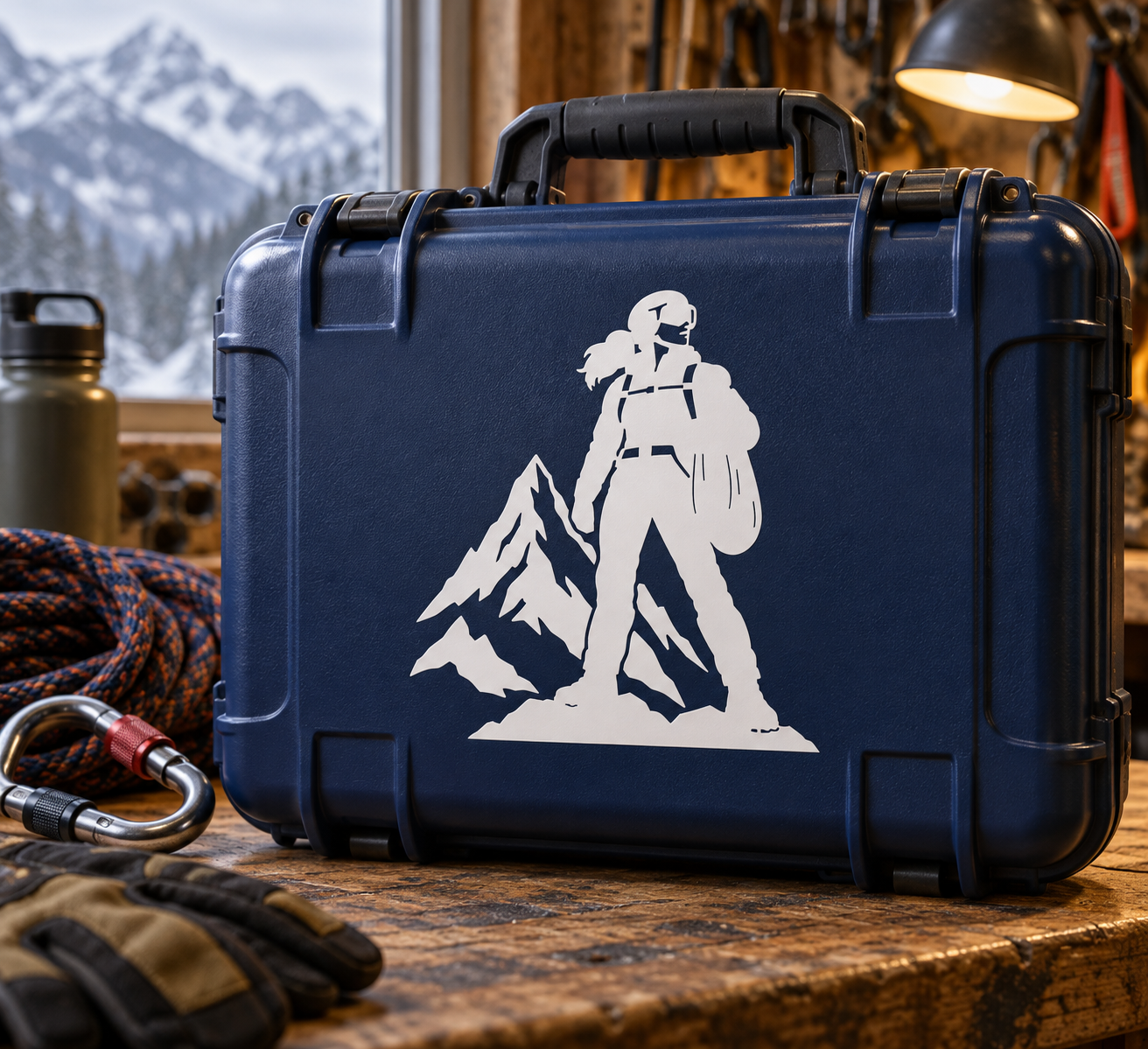 Rescue heroine vinyl decal silhouette with mountains and blanket, white design
