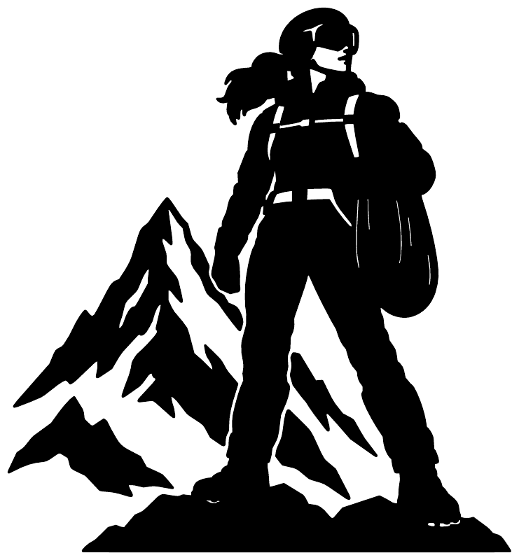Rescue heroine vinyl decal, black silhouette with mountains and pack, full-body