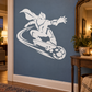 Skateboard hero vinyl decal, white/gray silhouette with motion lines and paw-print meteor