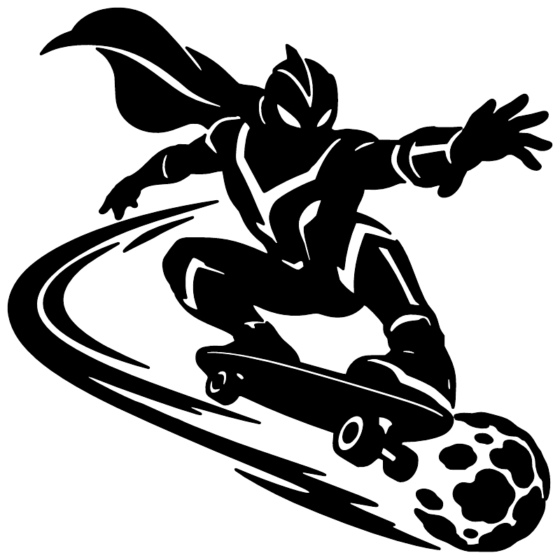 Black skateboard hero vinyl decal silhouette with motion swoosh and paw-print meteor