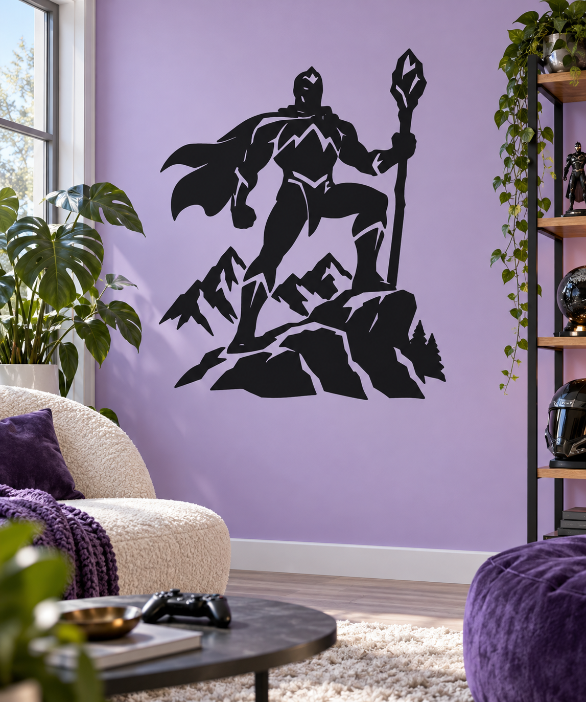 Black superhero guardian vinyl decal with raised staff and jagged mountain base
