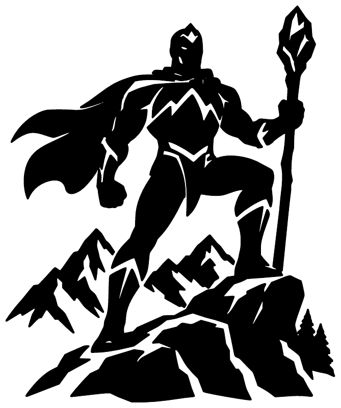 Close-up of black superhero guardian vinyl decal with staff, wings, and mountain rocks