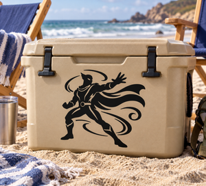 Vinyl decal of a black winged hero character on a beige cooler