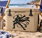 Vinyl decal of a black winged hero character on a beige cooler