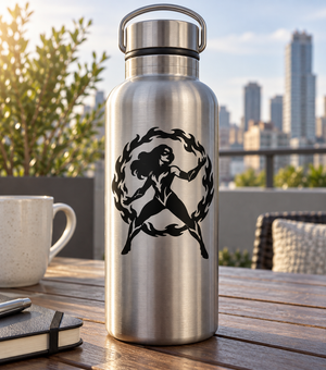 Black vinyl heroine decal: silhouette of a woman with flames, circular design