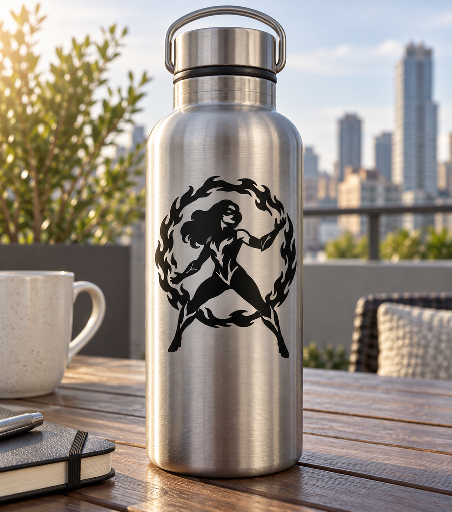 Black vinyl heroine decal: silhouette of a woman with flames, circular design