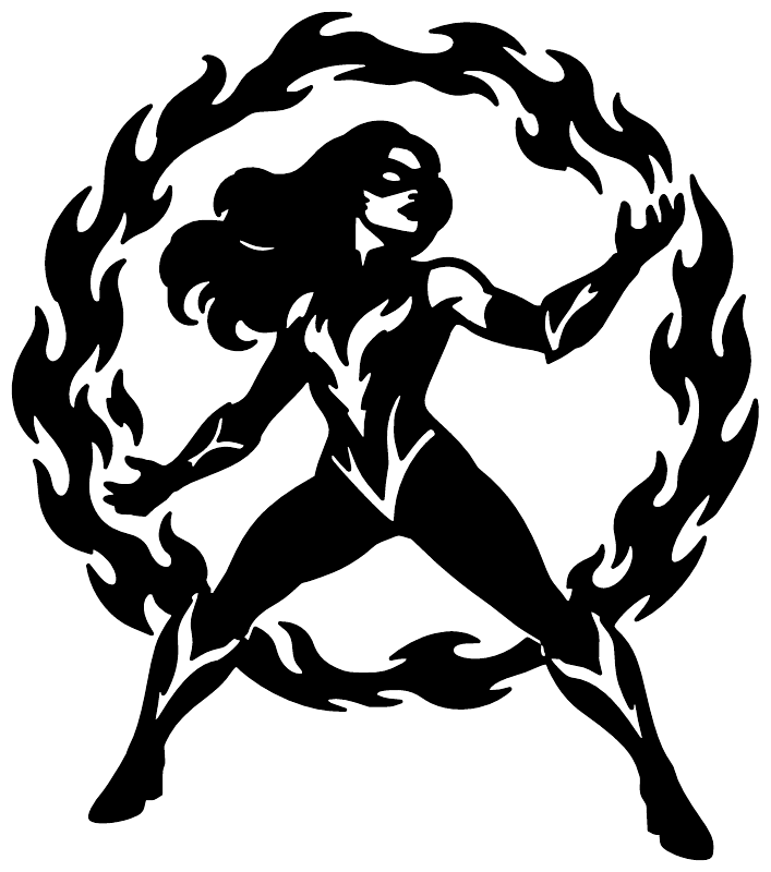 Black vinyl heroine decal silhouette of a woman with flames, full design