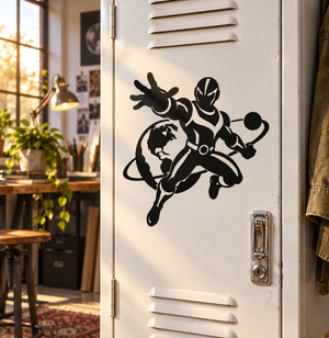 Black superhero vinyl decal of masked runner carrying a globe on a door panel