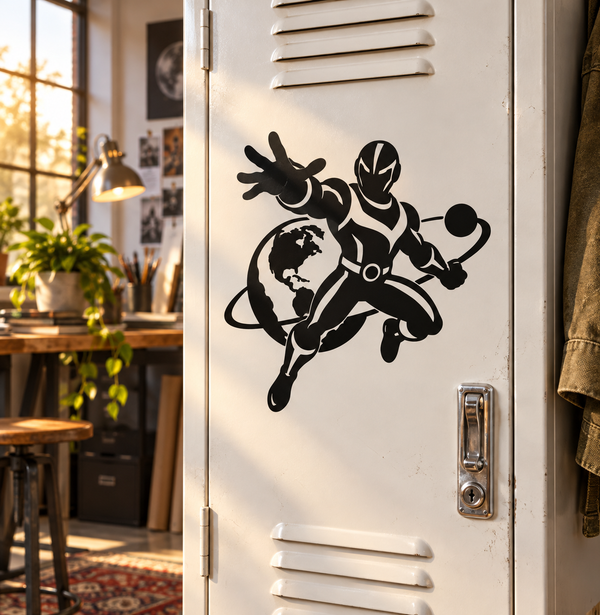 Black superhero vinyl decal of masked runner carrying a globe on a door panel