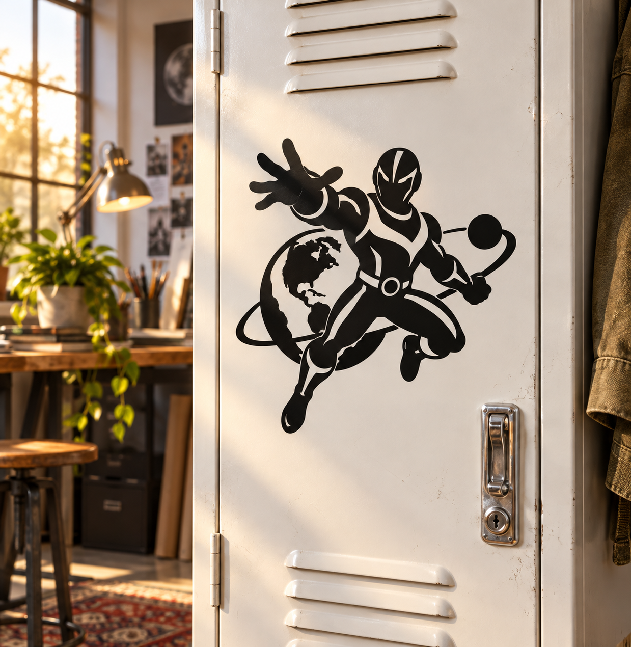 Black superhero vinyl decal of masked runner carrying a globe on a door panel