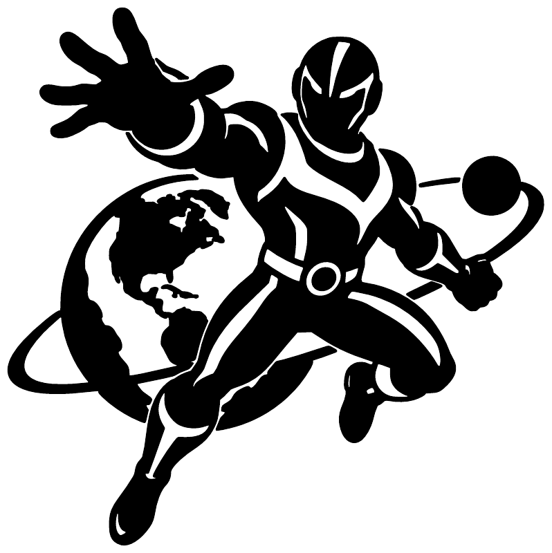 Black superhero vinyl decal close-up: masked runner with globe and dynamic shapes