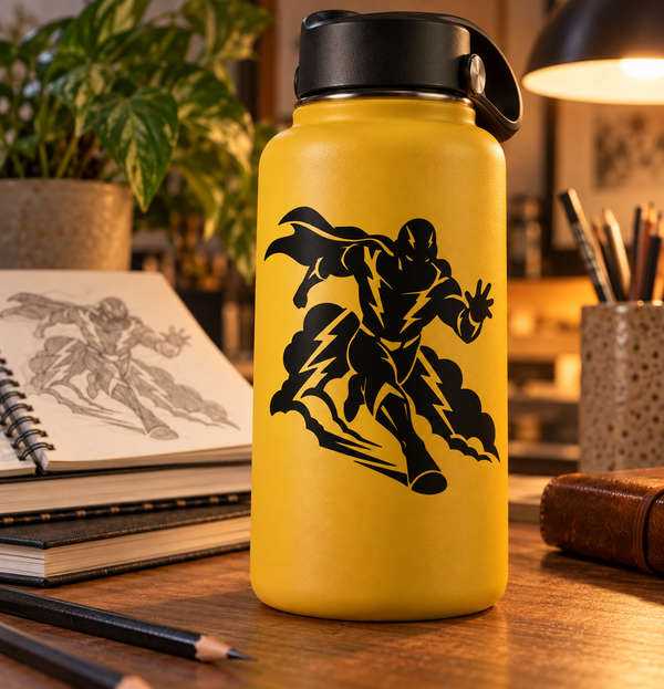 Vinyl decal: black superhero runner silhouette on a yellow bottle