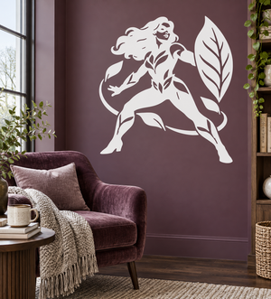 White vinyl decal of a heroine with leaf shield and flowing hair in dynamic pose