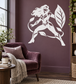 White vinyl decal of a heroine with leaf shield and flowing hair in dynamic pose