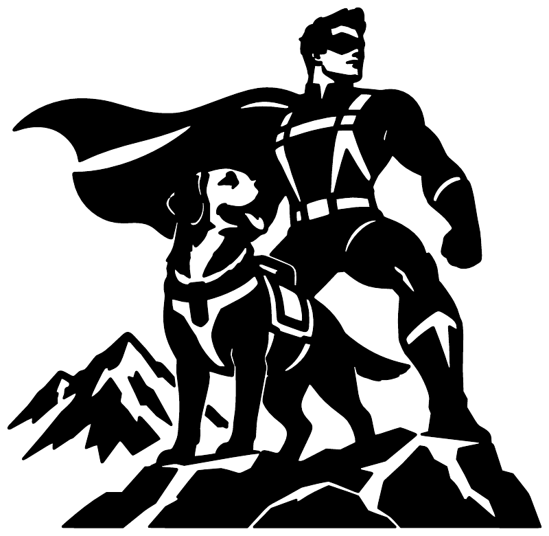 Rescue dog hero vinyl decal with white superhero and dog, mountain scene silhouette