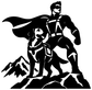 Rescue dog hero vinyl decal with white superhero and dog, mountain scene silhouette