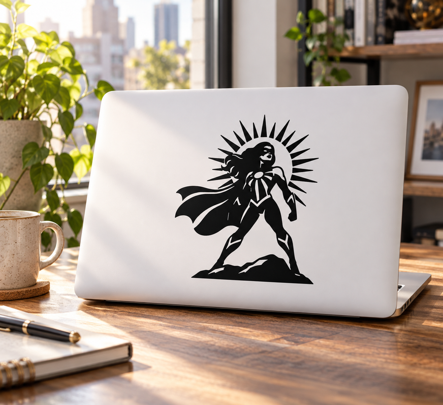 Black sunburst vinyl decal with stylized hero figure on white laptop lid