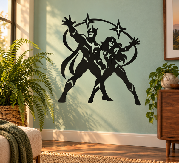Black twin star guardians vinyl wall decal with three-figure silhouette and stars