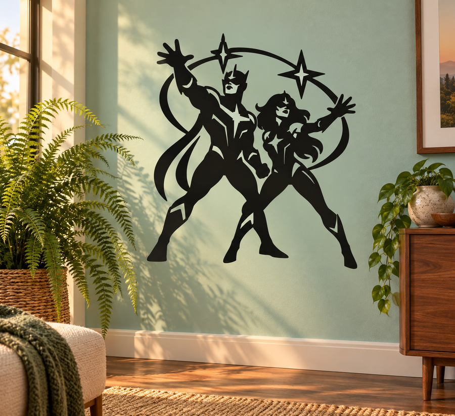 Black twin star guardians vinyl wall decal with three-figure silhouette and stars