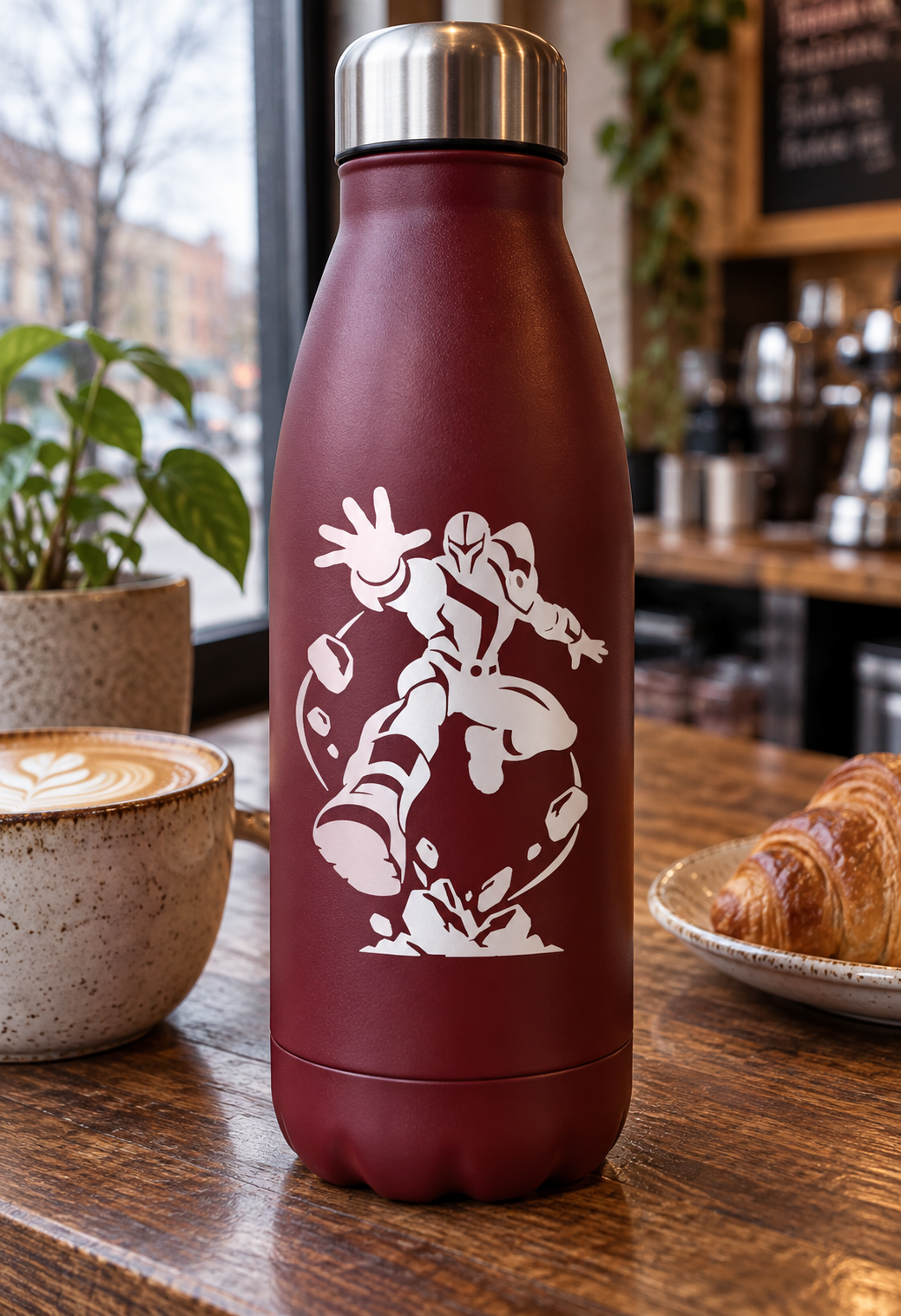 Vinyl decal featuring a leaping superhero character in white, circle-style graphic on bottle