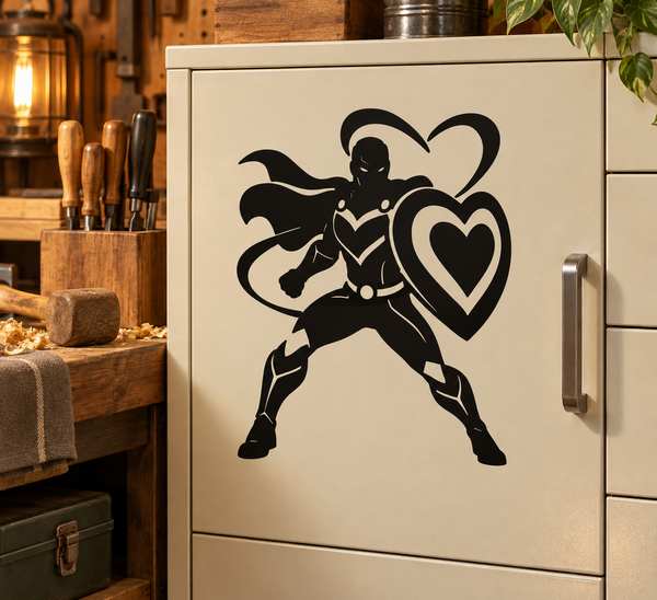 Hero heart shield vinyl decal, black superhero silhouette with heart emblem and shield