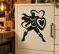 Hero heart shield vinyl decal, black superhero silhouette with heart emblem and shield