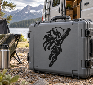 Winged hero vinyl decal on gray case, black helmeted fighter with wings
