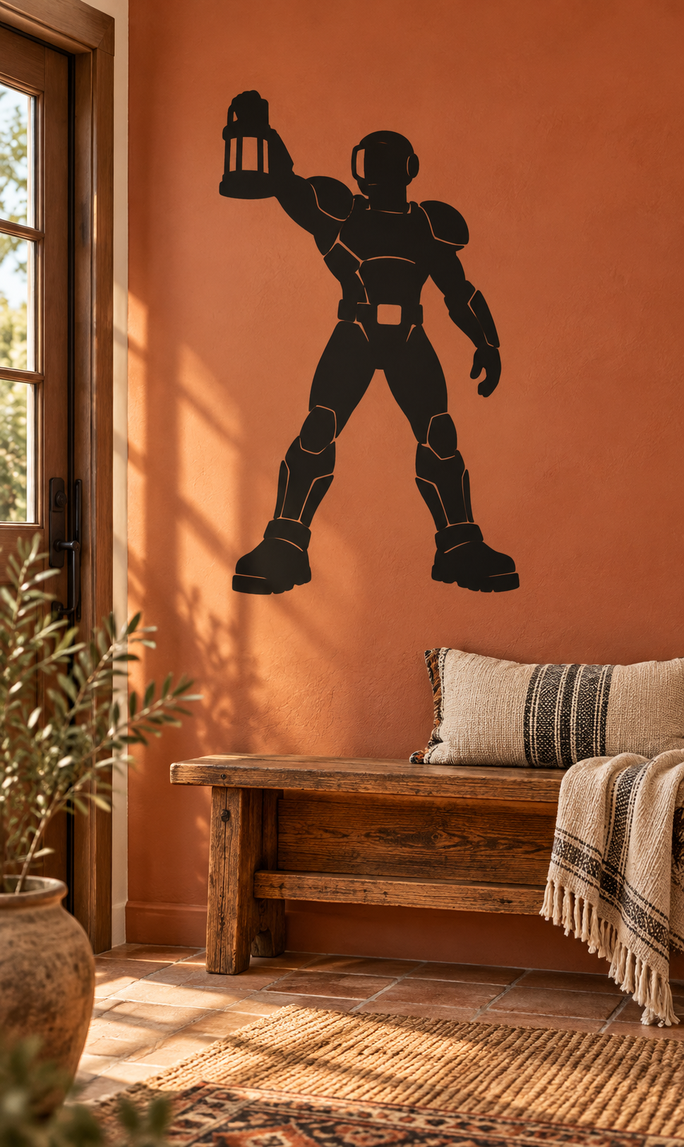 Black rescue sentinel vinyl decal of a helmeted hero with beacon light, full-body pose