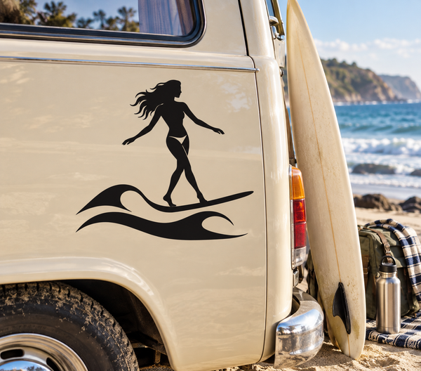 Longboard soul vinyl decal with black woman silhouette riding a wave