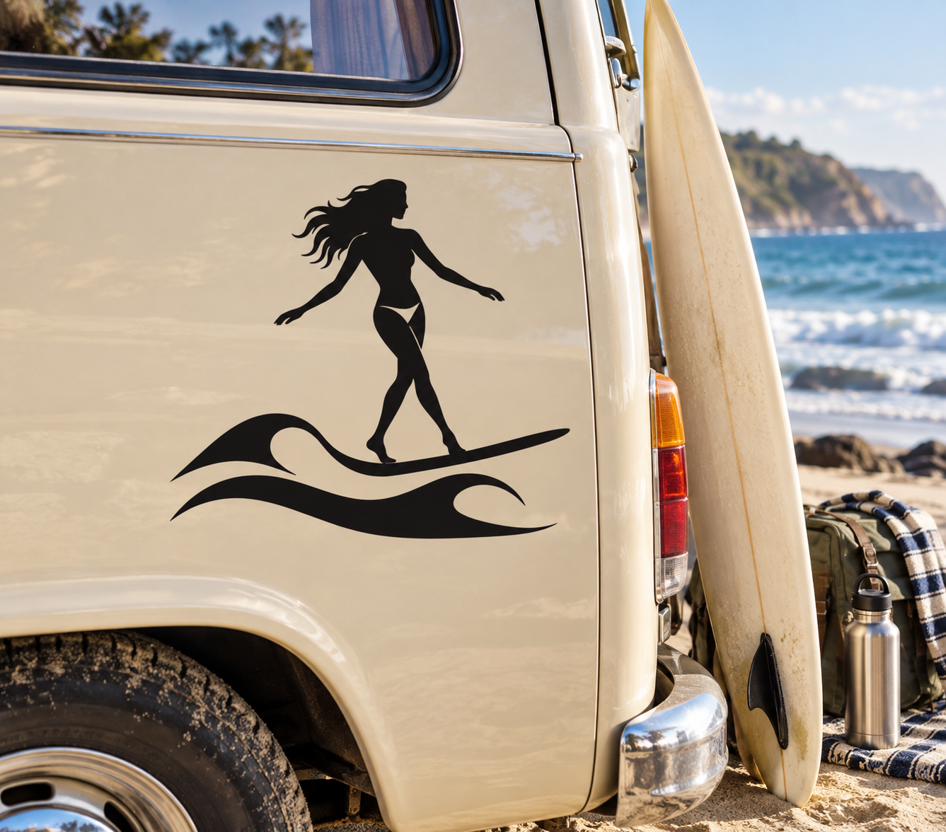 Longboard soul vinyl decal with black woman silhouette riding a wave