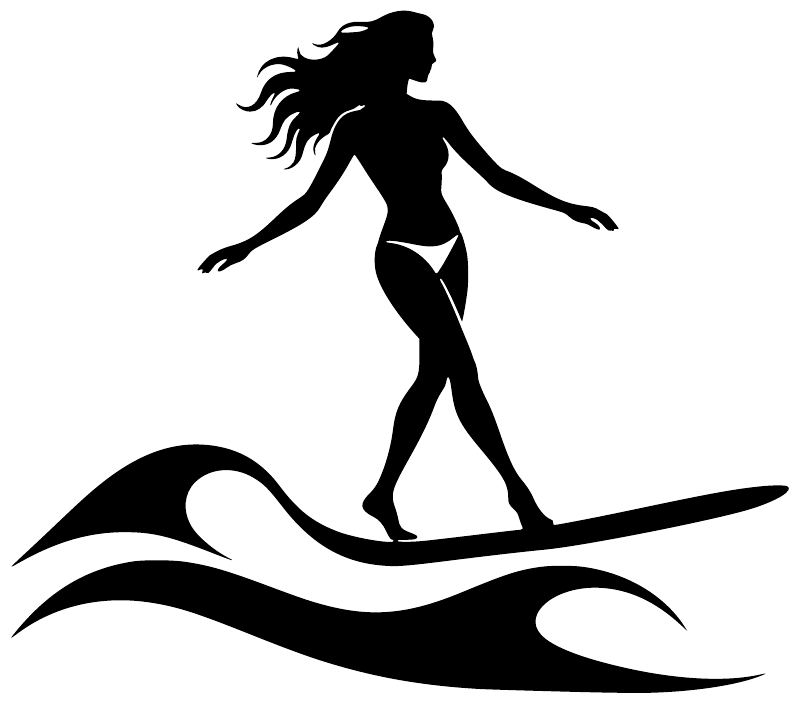 Black surfing rider longboard vinyl decal with flowing hair and waves