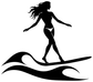 Black surfing rider longboard vinyl decal with flowing hair and waves