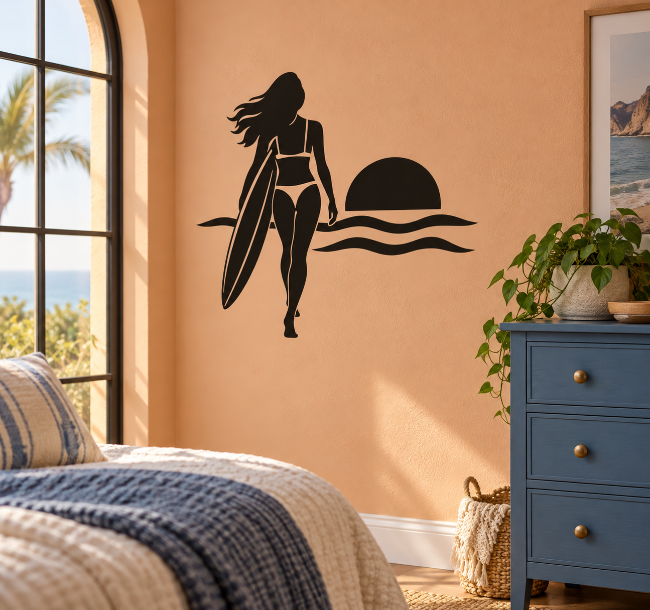 Black surfing girl vinyl decal with surfboard, sun, and wavy water lines