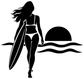 Black surfing girl vinyl decal featuring surfboard, sun arc, and ocean waves