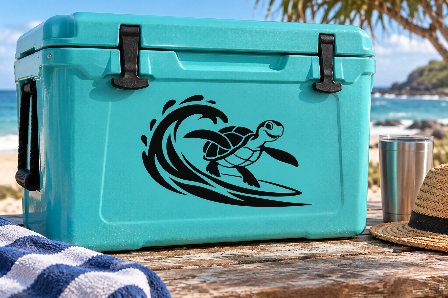 Black surf turtle vinyl decal with wave trail graphic
