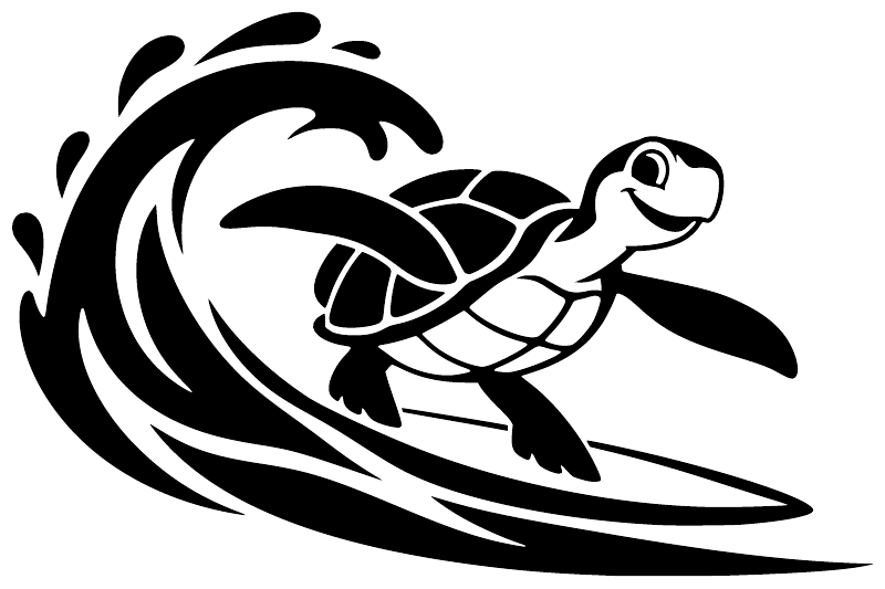 Black surf turtle vinyl decal graphic, bold wave and shell lines