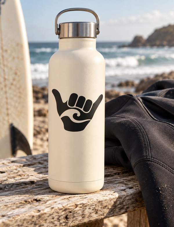 White vinyl decal of a black surfboard hand logo on a water bottle