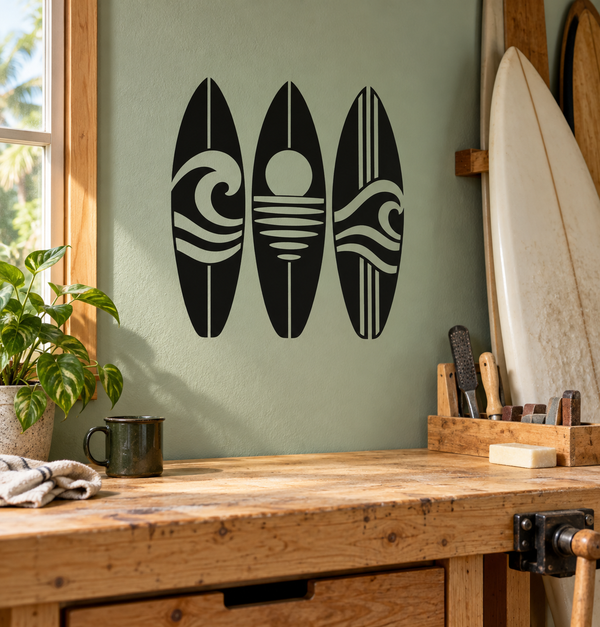 Surfboard vinyl wall decal: three black surfboards with white wave graphics
