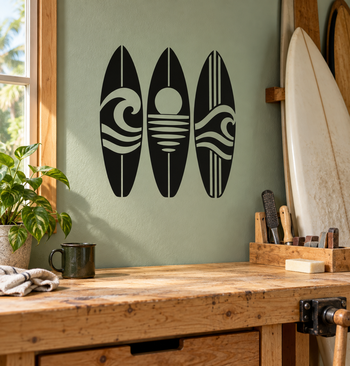 Surfboard vinyl wall decal: three black surfboards with white wave graphics