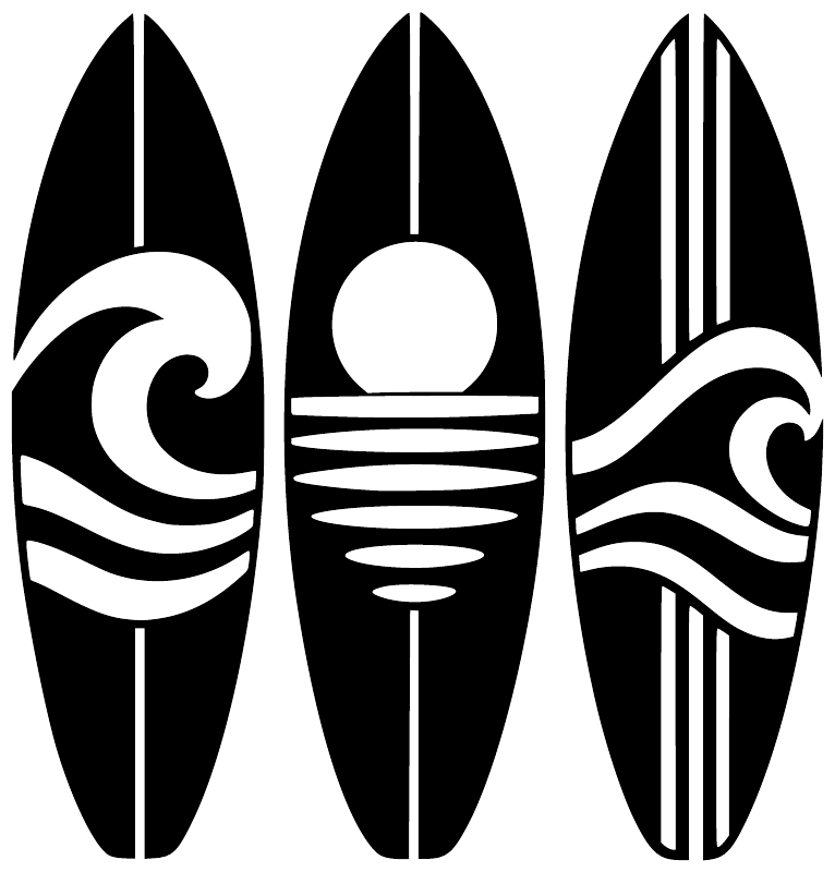 Close-up surfboard vinyl decal: three black boards with white circular and wave details