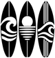 Close-up surfboard vinyl decal: three black boards with white circular and wave details