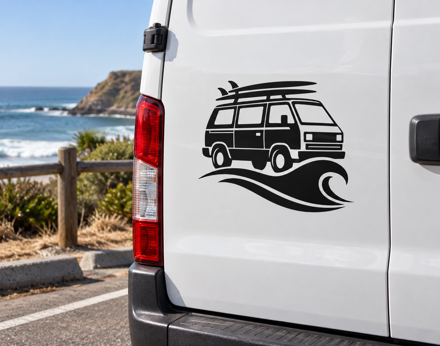 Black surf van vinyl decal on white vehicle panel with wave lines and van
