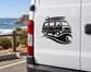 Black surf van vinyl decal on white vehicle panel with wave lines and van
